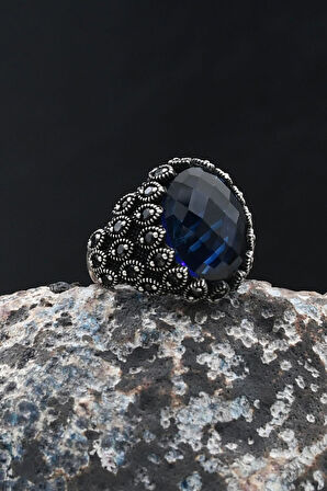 Lacivert Zirkon Taşlı 925 Ayar Gümüş Yüzük Zirkon Taş Süslemeli 902067