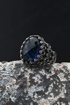 Lacivert Zirkon Taşlı 925 Ayar Gümüş Yüzük Zirkon Taş Süslemeli 902067