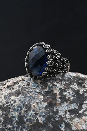 Lacivert Zirkon Taşlı 925 Ayar Gümüş Yüzük Zirkon Taş Süslemeli 902067