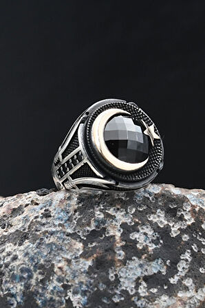 Hz. Ali Zülfikar Kılıcı ve Ay Yıldızlı (AY YILDIZ) Siyah Zirkon Taşlı 925 Ayar Gümüş Yüzük 902069