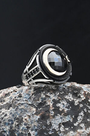 Hz. Ali Zülfikar Kılıcı ve Ay Yıldızlı (AY YILDIZ) Siyah Zirkon Taşlı 925 Ayar Gümüş Yüzük 902069