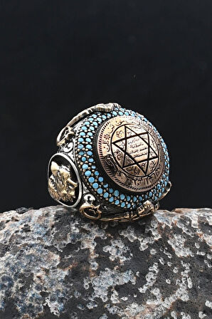 Özel Tasarım Hz. Süleyman Mührü ve Kurt ve Ay Yıldızlı (AY YILDIZ) 925 Ayar Gümüş Yüzük 902077