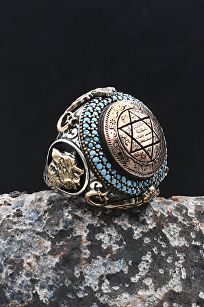 Özel Tasarım Hz. Süleyman Mührü ve Kurt ve Ay Yıldızlı (AY YILDIZ) 925 Ayar Gümüş Yüzük 902077