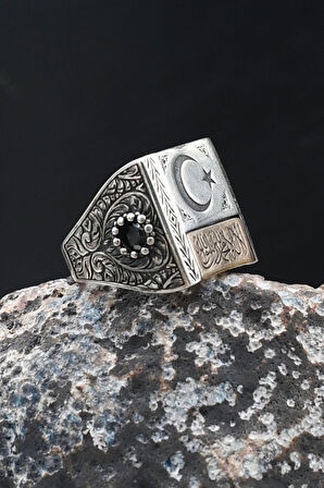 Kalem Işçilikli Kelime-i Tevhid Yazılı ve Ay Yıldızlı (AY YILDIZ) 925 Ayar Gümüş Yüzük 902080