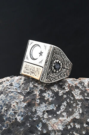 Kalem Işçilikli Kelime-i Tevhid Yazılı ve Ay Yıldızlı (AY YILDIZ) 925 Ayar Gümüş Yüzük 902080