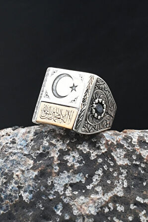 Kalem Işçilikli Kelime-i Tevhid Yazılı ve Ay Yıldızlı (AY YILDIZ) 925 Ayar Gümüş Yüzük 902080