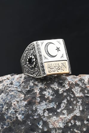 Kalem Işçilikli Kelime-i Tevhid Yazılı ve Ay Yıldızlı (AY YILDIZ) 925 Ayar Gümüş Yüzük 902080