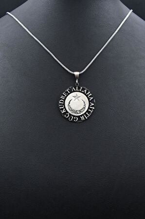 Ay Yıldızlı - Kelime-i Tevhid - Güç Kudret Allaha Aittir Yazlı 925 Ayar Gümüş Kolye Zincir 902123