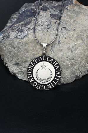 Ay Yıldızlı - Kelime-i Tevhid - Güç Kudret Allaha Aittir Yazlı 925 Ayar Gümüş Kolye Zincir 902123