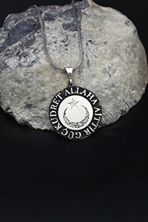 Ay Yıldızlı - Kelime-i Tevhid - Güç Kudret Allaha Aittir Yazlı 925 Ayar Gümüş Kolye Zincir 902123