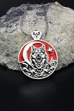 Bozkurt - Kurt - Ay Yıldızlı - Ay Yıldız Mineli 925 Ayar Gümüş Kolye Zincir 902125