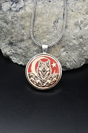 Ay Yıldızlı - Ay Yıldız - Bozkurt - Kurt Mineli 925 Ayar Gümüş Kolye Zincir 902128
