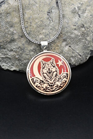 Ay Yıldızlı - Ay Yıldız - Bozkurt - Kurt Mineli 925 Ayar Gümüş Kolye Zincir 902128