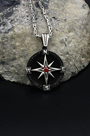 Kutup Yıldızlı Pusula 925 Ayar Gümüş Kolye Kral Zincir 2Mm 902157