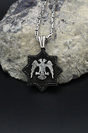 Çift Başlı Kartal - Selçuklu Kartalı - 925 Ayar Gümüş Kolye Kral Zincir 2Mm 902158