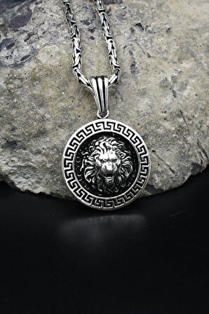 Grek Desenli Aslan Figürlü 925 Ayar Gümüş Kolye Kral Zincir 2Mm 902169