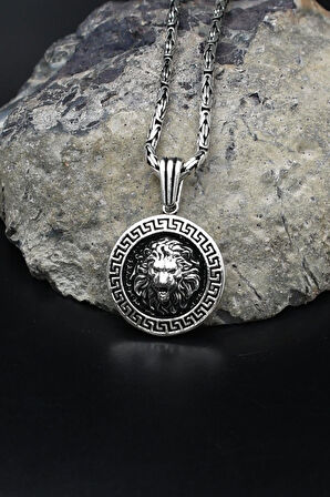 Grek Desenli Aslan Figürlü 925 Ayar Gümüş Kolye Kral Zincir 2Mm 902169