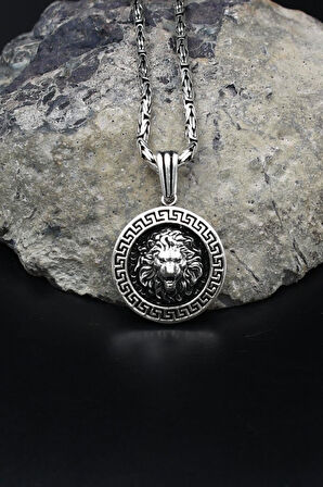 Grek Desenli Aslan Figürlü 925 Ayar Gümüş Kolye Kral Zincir 2Mm 902169