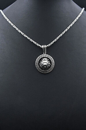 Grek Desenli Aslan Figürlü 925 Ayar Gümüş Kolye Kral Zincir 2Mm 902169