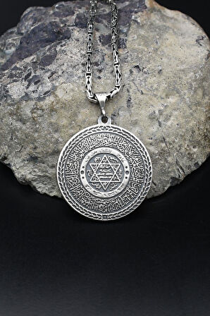 Hz. Süleyman Mührü ve Fatiha Suresi Yazılı  925 Ayar Gümüş Kolye Kral Zincir 2Mm 902172