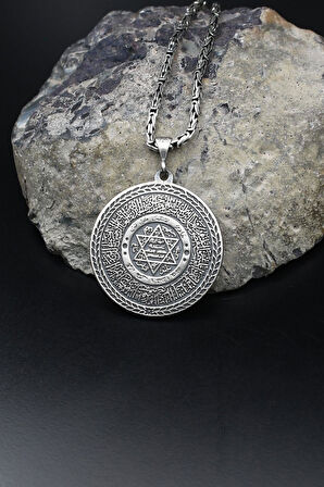 Hz. Süleyman Mührü ve Fatiha Suresi Yazılı  925 Ayar Gümüş Kolye Kral Zincir 2Mm 902172