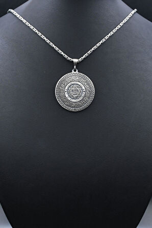 Hz. Süleyman Mührü ve Fatiha Suresi Yazılı  925 Ayar Gümüş Kolye Kral Zincir 2Mm 902172