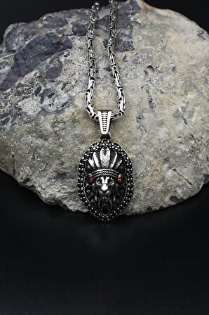 Kızılderili Aslan Figürlü 925 Ayar Gümüş Kolye Kral Zincir 2Mm 902173