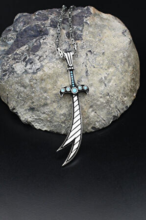 Hz. Ali Zülfikar Kılıcı Turkuaz Firuze Taş Süslemeli 925 Ayar Gümüş Kolye Kral Zincir 2Mm 902176