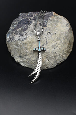 Hz. Ali Zülfikar Kılıcı Turkuaz Firuze Taş Süslemeli 925 Ayar Gümüş Kolye Kral Zincir 2Mm 902176