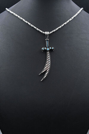 Hz. Ali Zülfikar Kılıcı Turkuaz Firuze Taş Süslemeli 925 Ayar Gümüş Kolye Kral Zincir 2Mm 902176