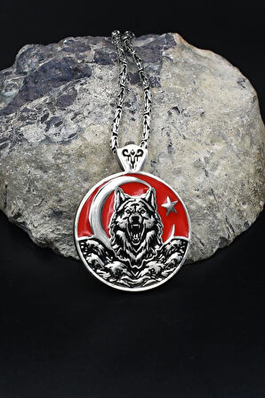 Bozkurt - Kurt - Ay Yıldızlı - Ay Yıldız Mineli  925 Ayar Gümüş Kolye Kral Zincir 2Mm 902180