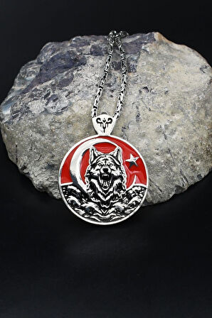 Bozkurt - Kurt - Ay Yıldızlı - Ay Yıldız Mineli  925 Ayar Gümüş Kolye Kral Zincir 2Mm 902180