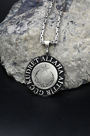 Ay Yıldızlı - Kelime-i Tevhid - Güç Kudret Allaha Aittir Yazlı  925 Ayar Gümüş Kolye Kral Zincir 2Mm 902184