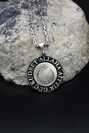 Ay Yıldızlı - Kelime-i Tevhid - Güç Kudret Allaha Aittir Yazlı  925 Ayar Gümüş Kolye Kral Zincir 2Mm 902184