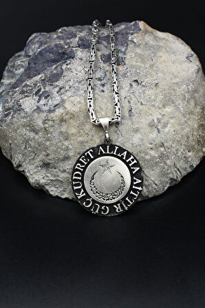 Ay Yıldızlı - Kelime-i Tevhid - Güç Kudret Allaha Aittir Yazlı  925 Ayar Gümüş Kolye Kral Zincir 2Mm 902184