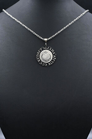 Ay Yıldızlı - Kelime-i Tevhid - Güç Kudret Allaha Aittir Yazlı  925 Ayar Gümüş Kolye Kral Zincir 2Mm 902184