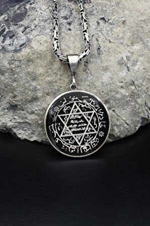 Hz. Süleyman Mührü Mineli 925 Ayar Gümüş Kolye Kral Zincir 2Mm 902185