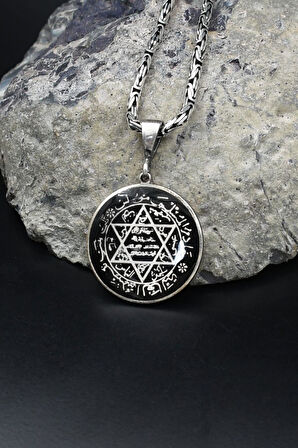 Hz. Süleyman Mührü Mineli 925 Ayar Gümüş Kolye Kral Zincir 2Mm 902185