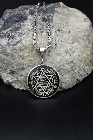 Hz. Süleyman Mührü Mineli 925 Ayar Gümüş Kolye Kral Zincir 2Mm 902185