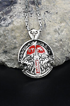 Bozkurt - Kurt - Göktürkçe Türk Yazılı Mineli 925 Ayar Gümüş Kolye Kral Zincir 2Mm 902187