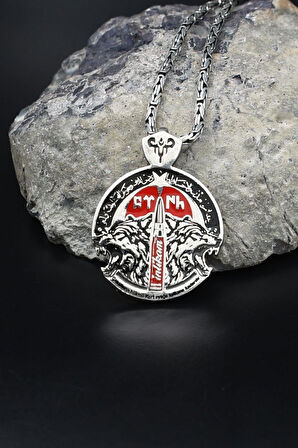 Bozkurt - Kurt - Göktürkçe Türk Yazılı Mineli 925 Ayar Gümüş Kolye Kral Zincir 2Mm 902187