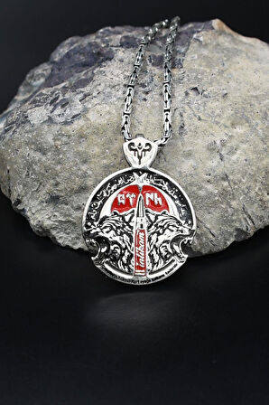 Bozkurt - Kurt - Göktürkçe Türk Yazılı Mineli 925 Ayar Gümüş Kolye Kral Zincir 2Mm 902187