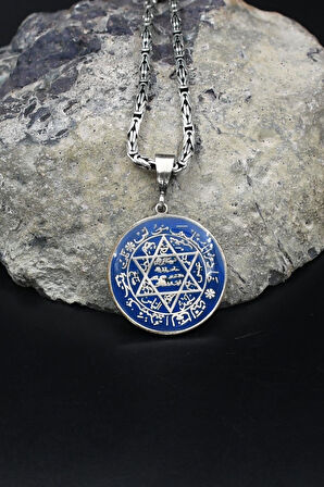 Hz. Süleyman Mührü Mineli 925 Ayar Gümüş Kolye Kral Zincir 2Mm 902188