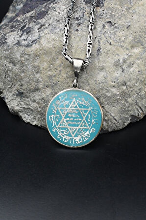 Hz. Süleyman Mührü Mineli 925 Ayar Gümüş Kolye Kral Zincir 2Mm 902189