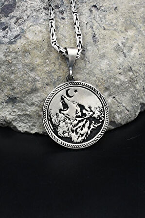 Ay Yıldızlı - Ay Yıldız - Kurt 925 Ayar Gümüş Kolye Kral Zincir 2Mm 902190