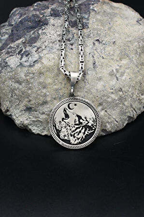 Ay Yıldızlı - Ay Yıldız - Kurt 925 Ayar Gümüş Kolye Kral Zincir 2Mm 902190