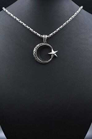 Ay Yıldızlı - Ay Yıldız Kral Zincir Desenli 925 Ayar Gümüş Kolye Kral Zincir 3 Mm 902191