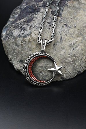 Ay Yıldız - Ay Yıldızlı Kral Zincir Desenli 925 Ayar Gümüş Kolye Kral Zincir 3 Mm 902192