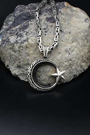 Ay Yıldızlı - Ay Yıldız Kral Zincir Desenli 925 Ayar Gümüş Kolye Kral Zincir 4 Mm 902193