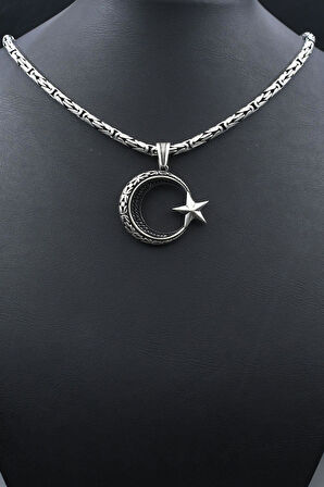 Ay Yıldızlı - Ay Yıldız Kral Zincir Desenli 925 Ayar Gümüş Kolye Kral Zincir 4 Mm 902193